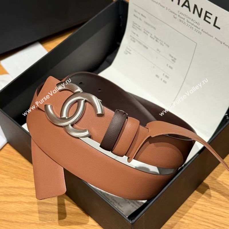 Chanel Calfskin Leather Reversible Belt 3cm with CC Buckle Brown/Silver 2025 1231 (99-251231127)