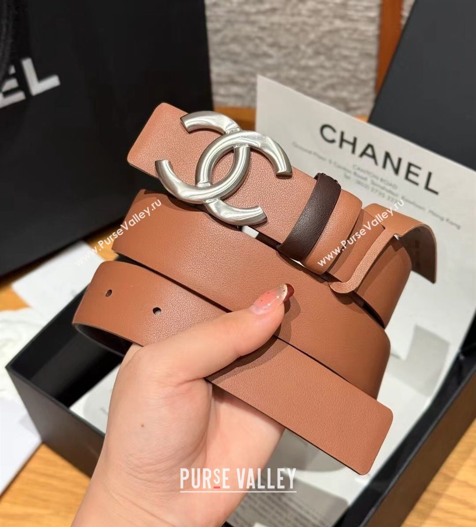 Chanel Calfskin Leather Reversible Belt 3cm with CC Buckle Brown/Silver 2025 1231 (99-251231127)
