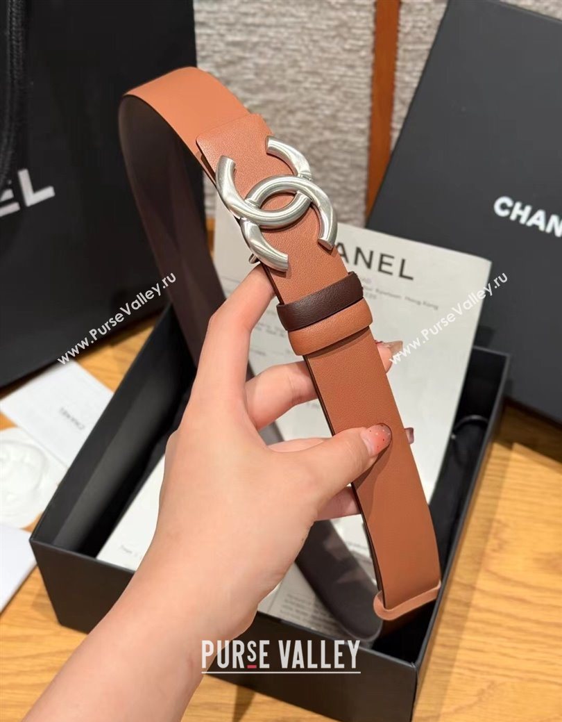 Chanel Calfskin Leather Reversible Belt 3cm with CC Buckle Brown/Silver 2025 1231 (99-251231127)