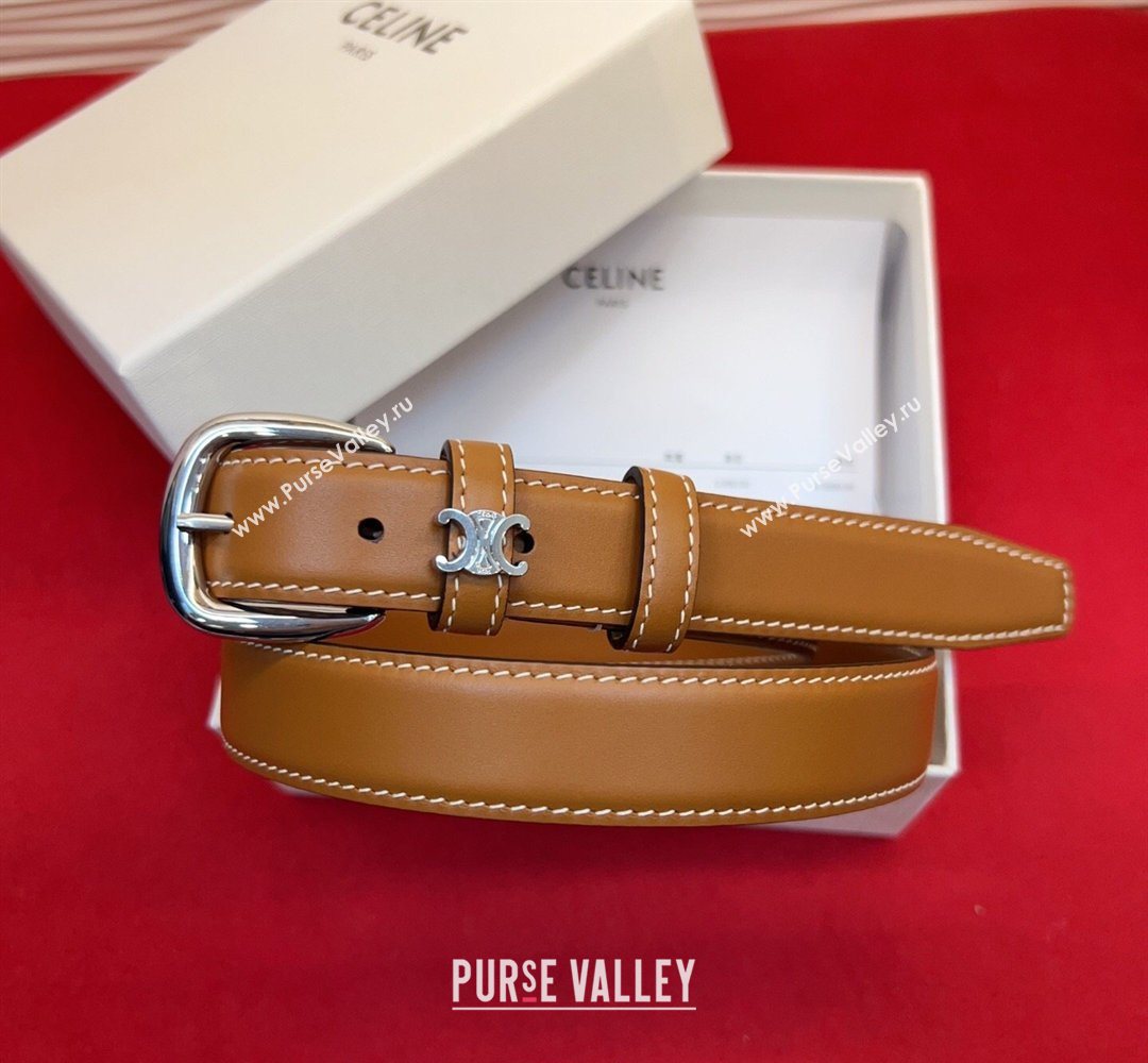 Celine Elegant Charm Triomphe Belt 2.5cm with Silver-Tone Pin Buckle in Shiny Leather Tan Brown 2026 (99-260316059)