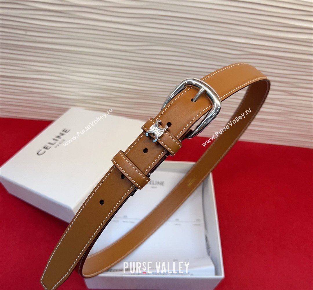 Celine Elegant Charm Triomphe Belt 2.5cm with Silver-Tone Pin Buckle in Shiny Leather Tan Brown 2026 (99-260316059)