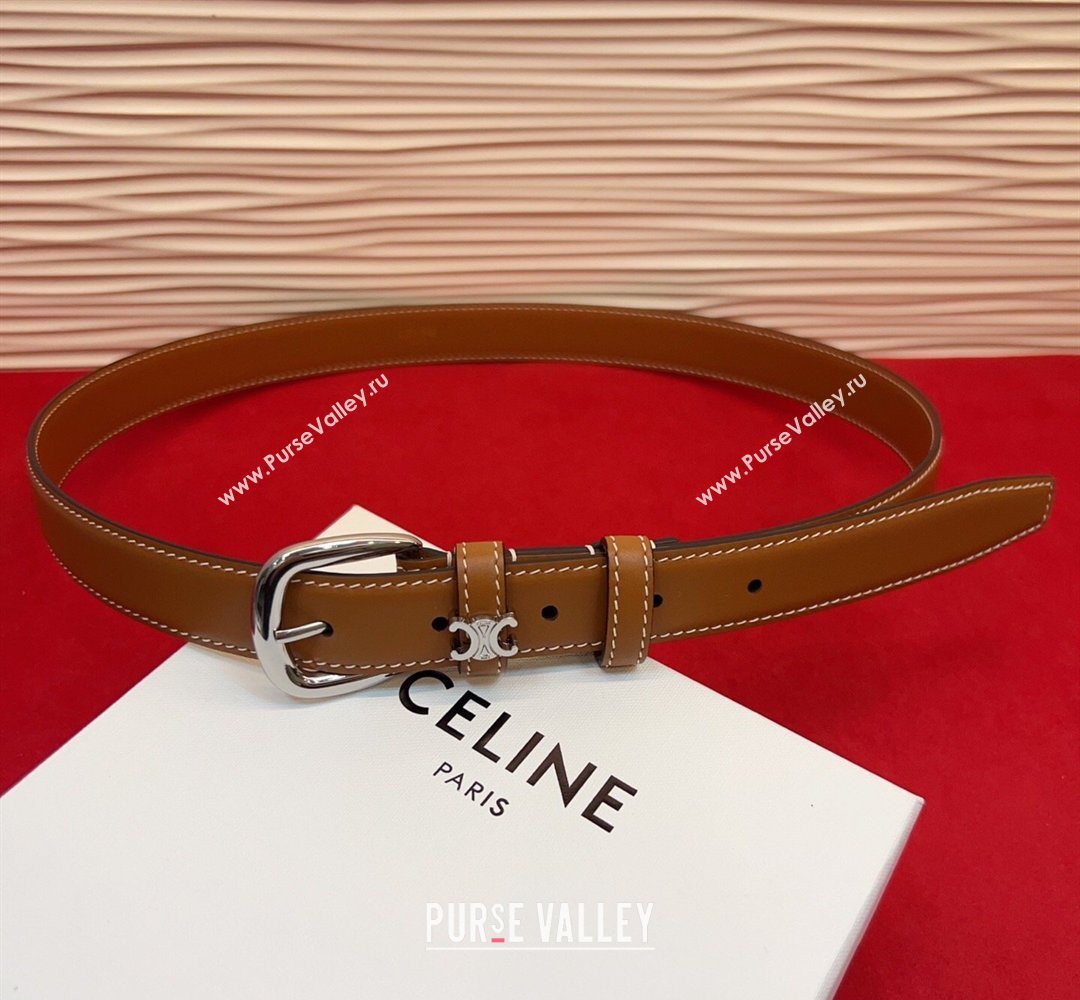 Celine Elegant Charm Triomphe Belt 2.5cm with Silver-Tone Pin Buckle in Shiny Leather Tan Brown 2026 (99-260316059)