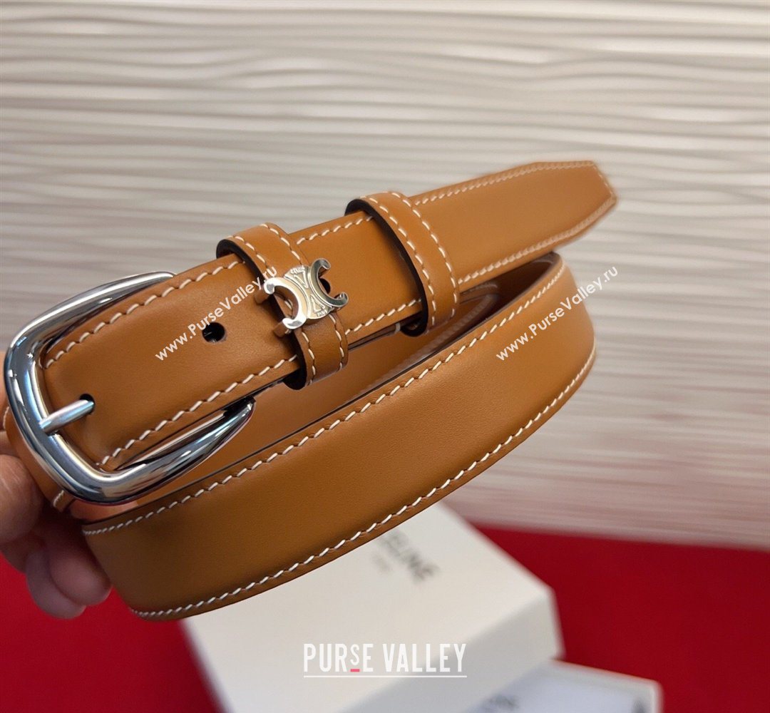 Celine Elegant Charm Triomphe Belt 2.5cm with Silver-Tone Pin Buckle in Shiny Leather Tan Brown 2026 (99-260316059)
