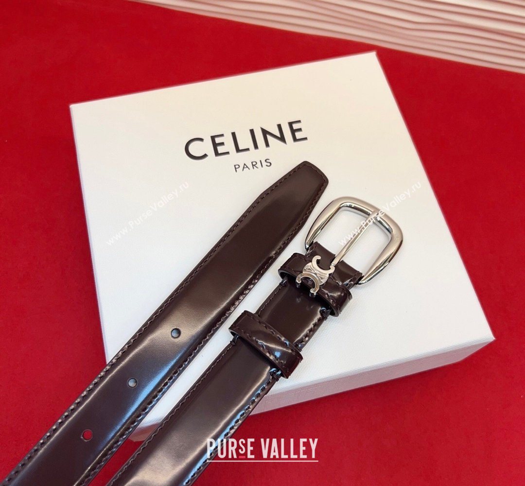 Celine Elegant Charm Triomphe Belt 2.5cm with Silver-Tone Pin Buckle in Shiny Leather Dark Brown 2026 (99-260316061)
