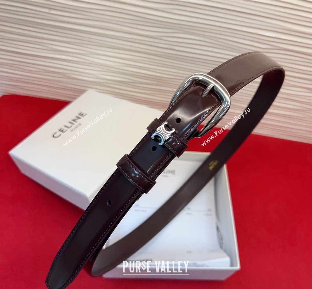 Celine Elegant Charm Triomphe Belt 2.5cm with Silver-Tone Pin Buckle in Shiny Leather Dark Brown 2026 (99-260316061)