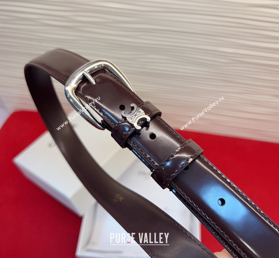 Celine Elegant Charm Triomphe Belt 2.5cm with Silver-Tone Pin Buckle in Shiny Leather Dark Brown 2026 (99-260316061)