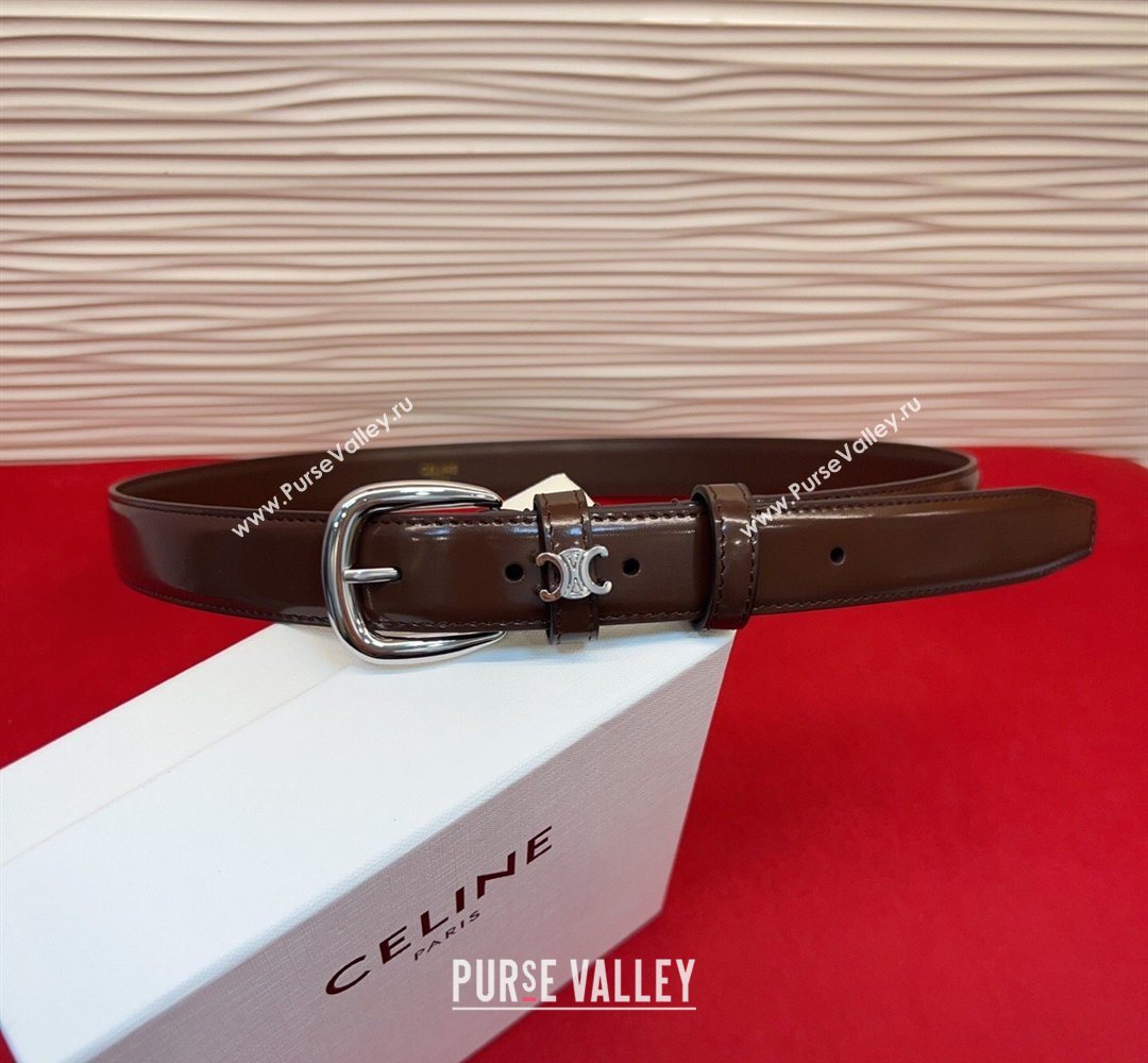 Celine Elegant Charm Triomphe Belt 2.5cm with Silver-Tone Pin Buckle in Shiny Leather Dark Brown 2026 (99-260316061)
