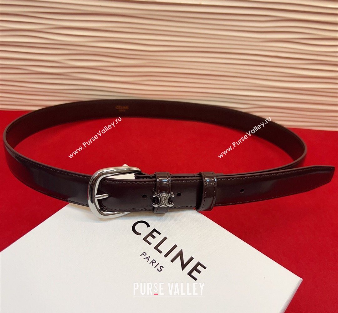 Celine Elegant Charm Triomphe Belt 2.5cm with Silver-Tone Pin Buckle in Shiny Leather Dark Brown 2026 (99-260316061)