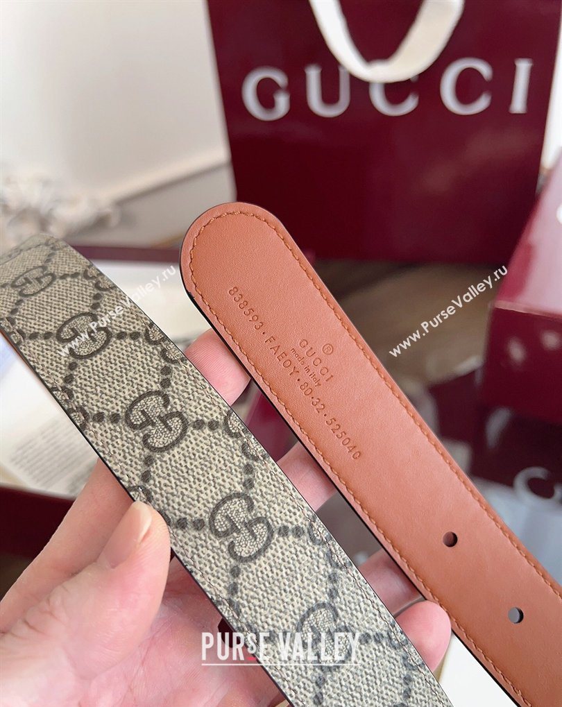 Gucci GG Canvas and Leather Reversible Belt 3cm Brown 2026 GG031701 (99-260317032)