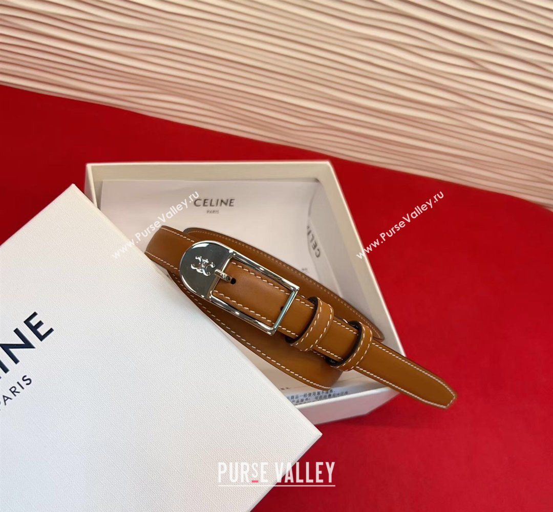 Celine Shiny Calfskin Leather Belt 1.8cm with Pin Buckle Tan Brown/Silver 2026 CE031603 (99-260316037)