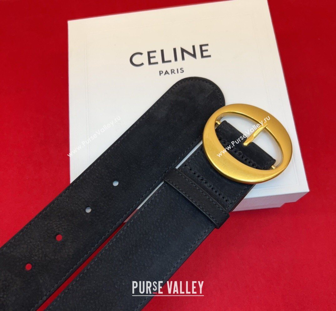 Celine Twin Triomphe Belt 4.5x105cm with Round Buckle in Suede Black 2026 (99-260316018)