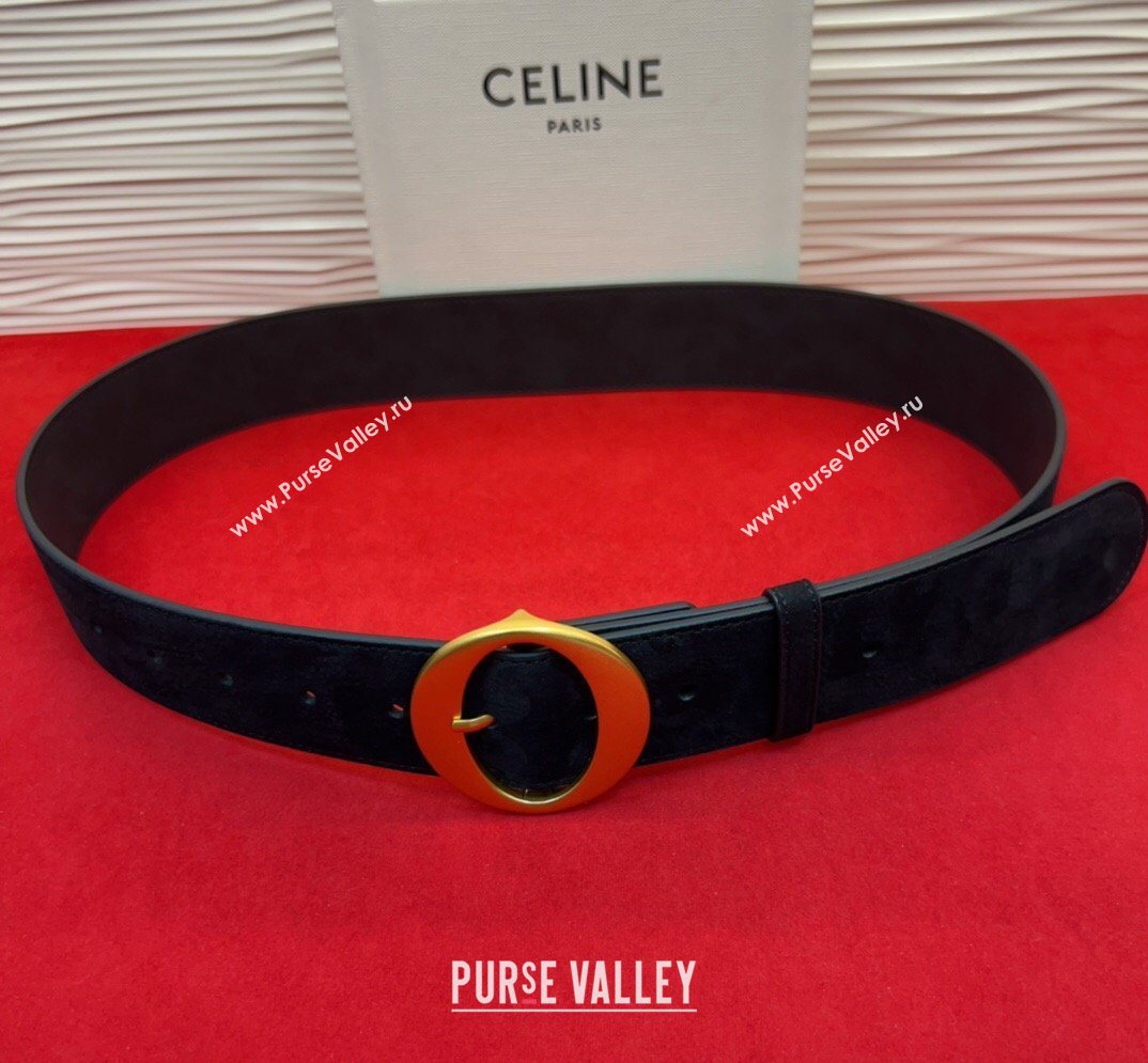 Celine Twin Triomphe Belt 4.5x105cm with Round Buckle in Suede Black 2026 (99-260316018)