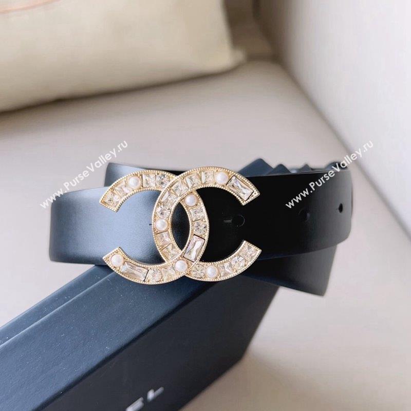 Chanel Leather Belt 3cm with CC Buckle,Crystals and Pearls Black Gold 2023 (99-231018156)