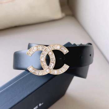 Chanel Leather Belt 3cm with CC Buckle,Crystals and Pearls Black Gold 2023 (99-231018156)