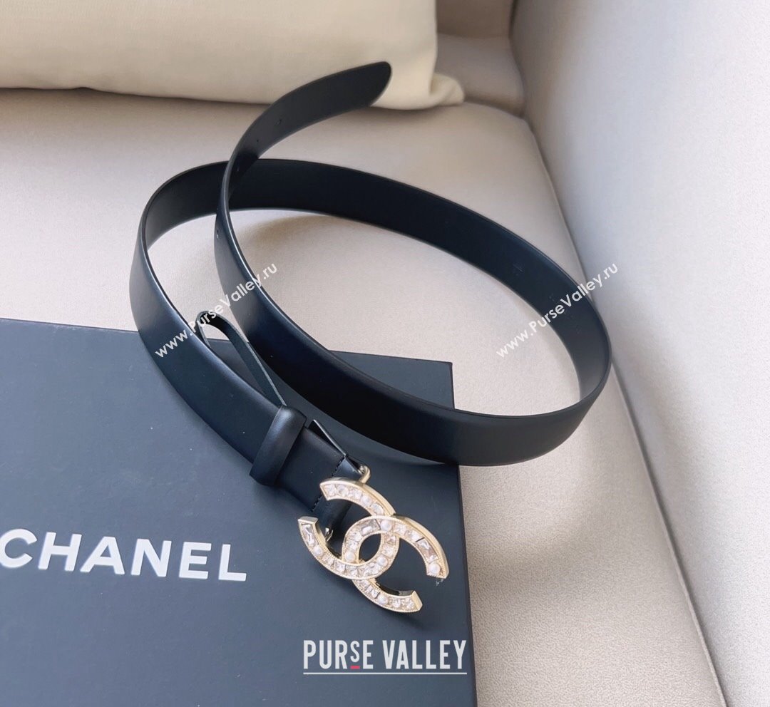 Chanel Leather Belt 3cm with CC Buckle,Crystals and Pearls Black Gold 2023 (99-231018156)