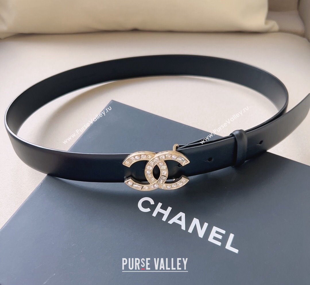 Chanel Leather Belt 3cm with CC Buckle,Crystals and Pearls Black Gold 2023 (99-231018156)