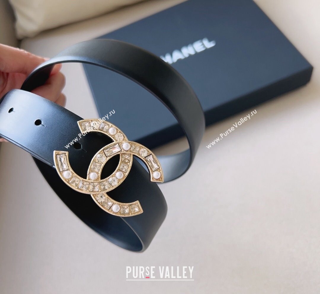 Chanel Leather Belt 3cm with CC Buckle,Crystals and Pearls Black Gold 2023 (99-231018156)