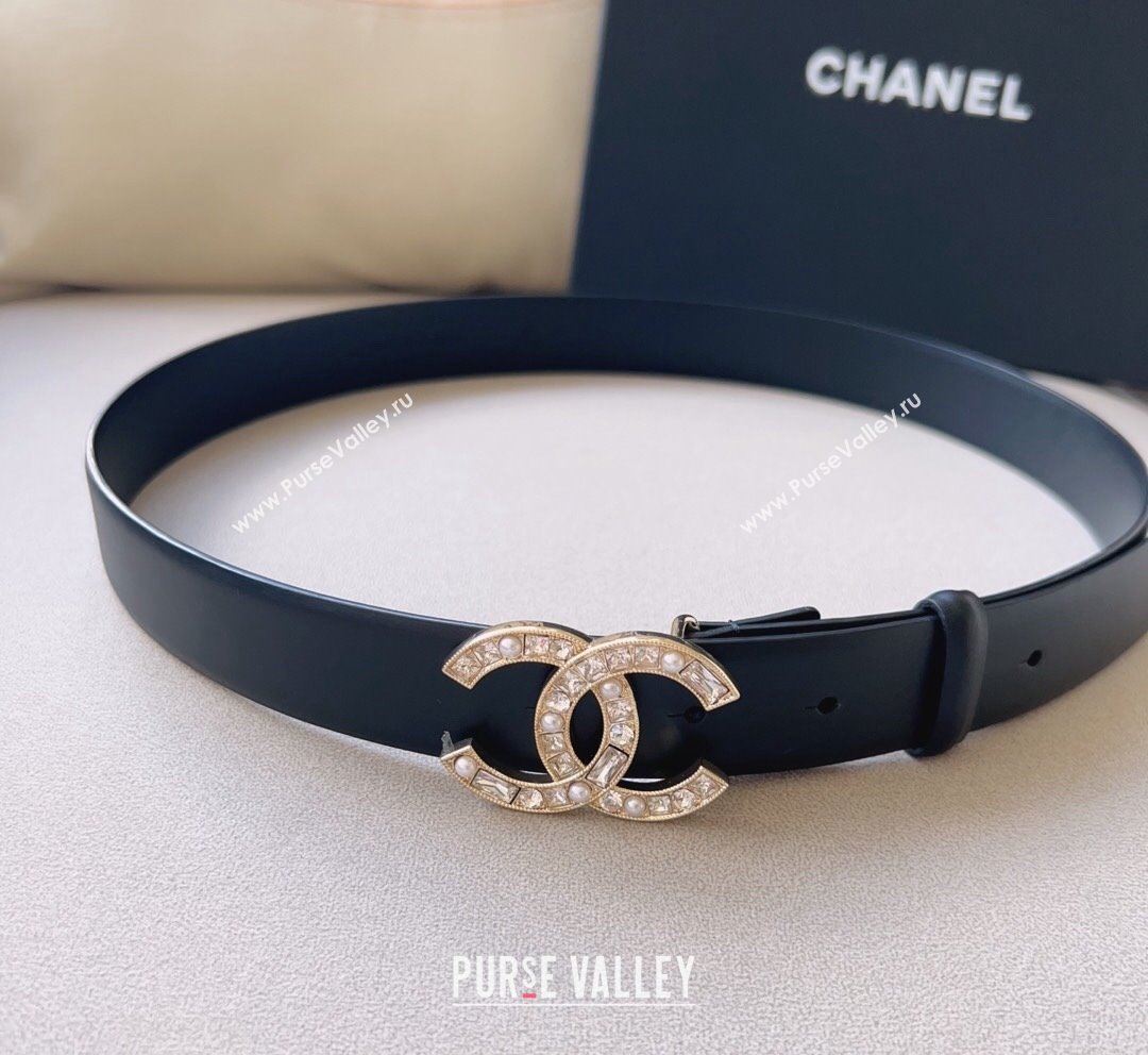 Chanel Leather Belt 3cm with CC Buckle,Crystals and Pearls Black Gold 2023 (99-231018156)