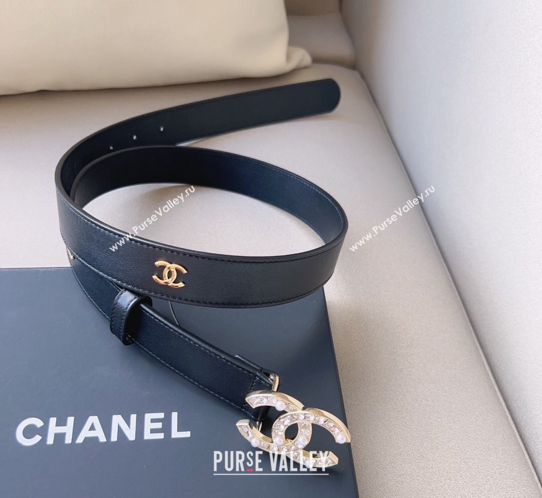 Chanel Leather Belt 3cm with CC Buckle,Crystals and Pearls Black 2 2023 (99-231018159)