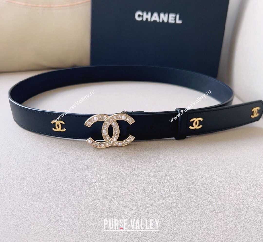 Chanel Leather Belt 3cm with CC Buckle,Crystals and Pearls Black 2 2023 (99-231018159)