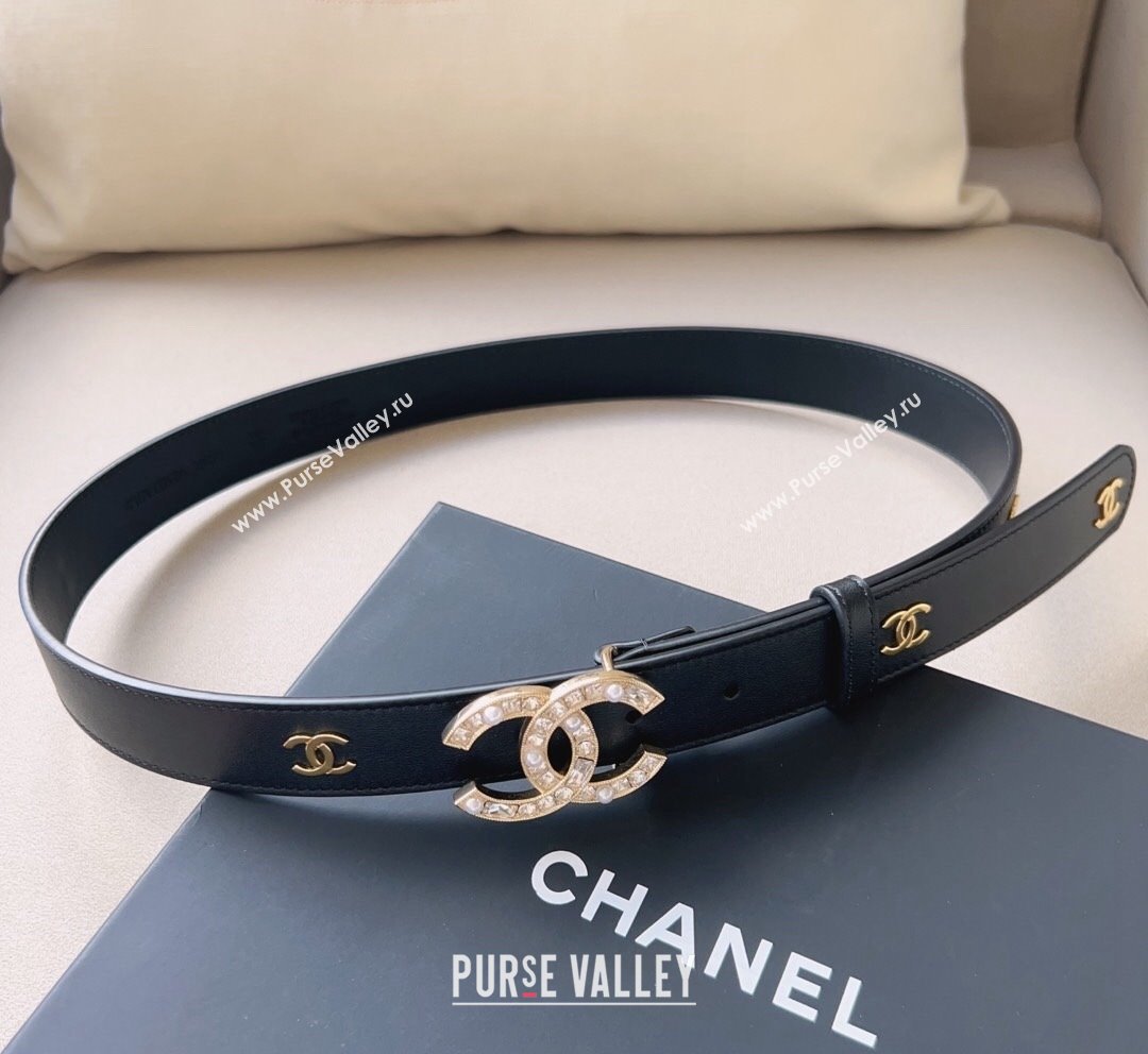 Chanel Leather Belt 3cm with CC Buckle,Crystals and Pearls Black 2 2023 (99-231018159)