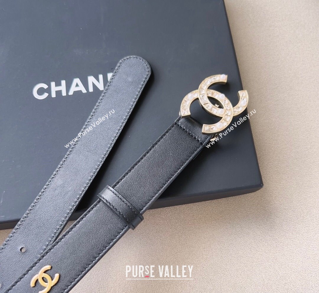 Chanel Leather Belt 3cm with CC Buckle,Crystals and Pearls Black 2 2023 (99-231018159)