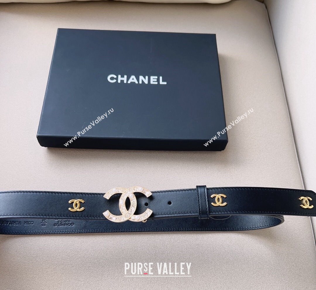 Chanel Leather Belt 3cm with CC Buckle,Crystals and Pearls Black 2 2023 (99-231018159)