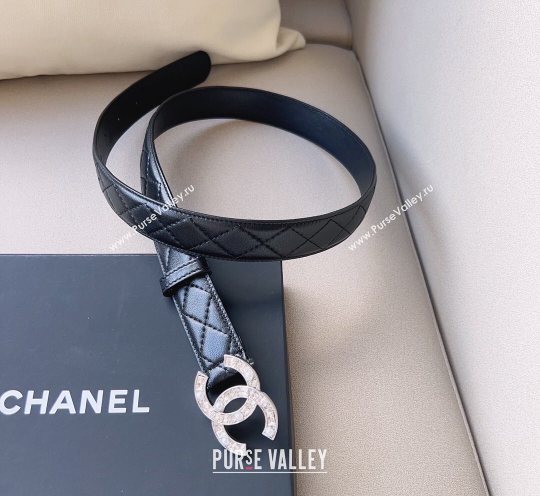 Chanel Quilted Leather Belt 3cm with CC Buckle,Crystals and Pearls Black 2023 (99-231018160)