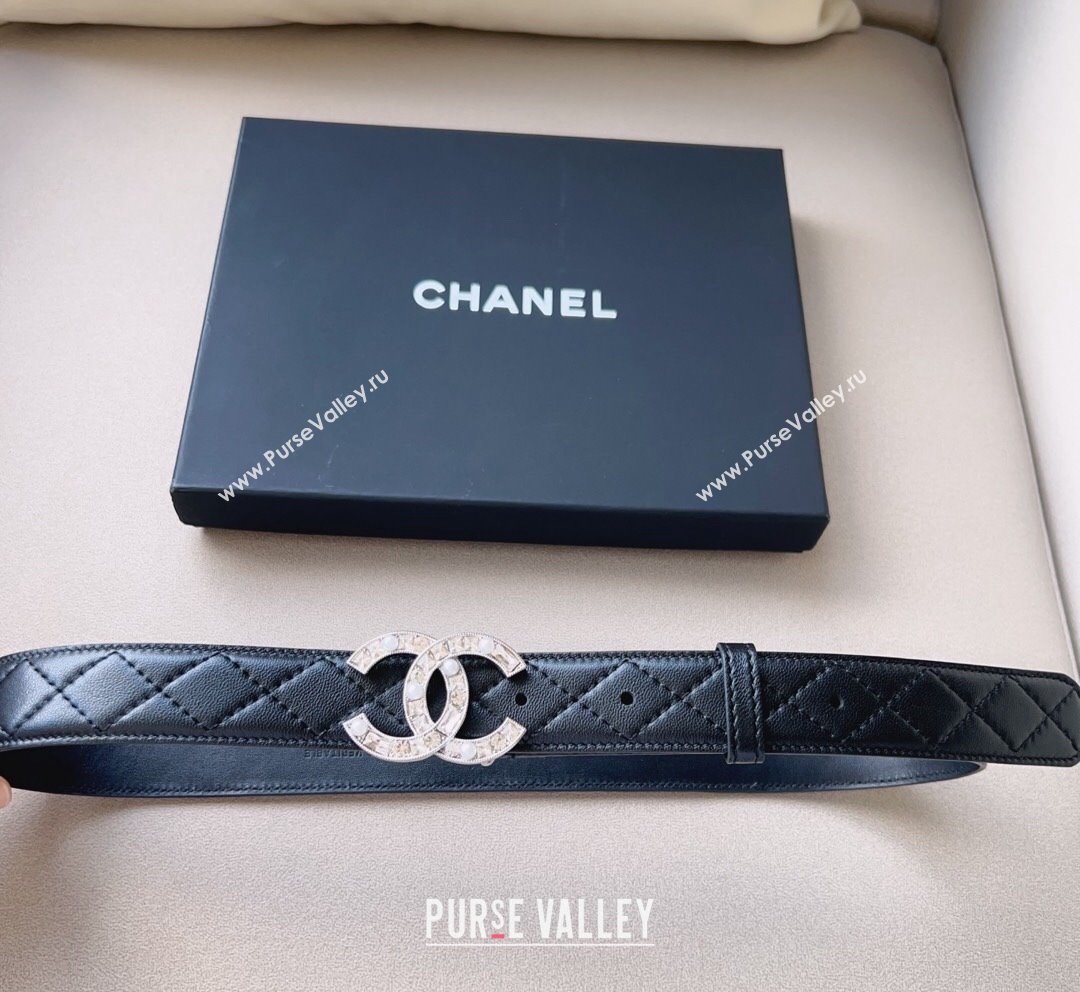 Chanel Quilted Leather Belt 3cm with CC Buckle,Crystals and Pearls Black 2023 (99-231018160)