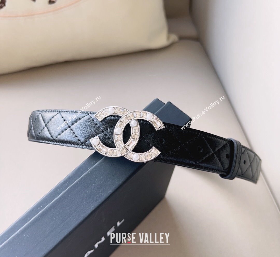 Chanel Quilted Leather Belt 3cm with CC Buckle,Crystals and Pearls Black 2023 (99-231018160)