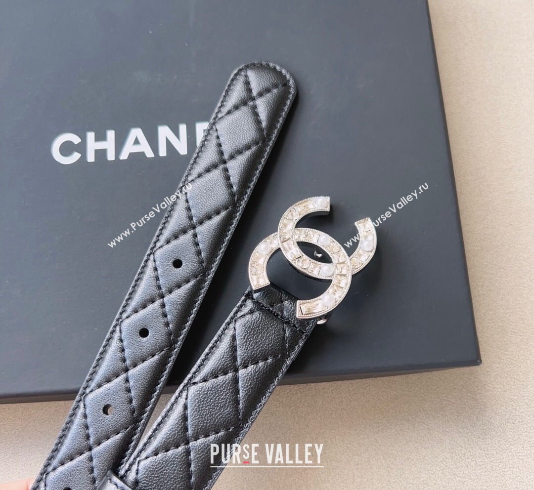 Chanel Quilted Leather Belt 3cm with CC Buckle,Crystals and Pearls Black 2023 (99-231018160)