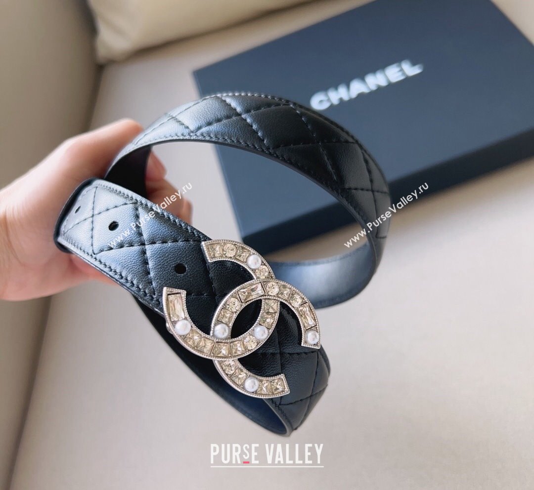 Chanel Quilted Leather Belt 3cm with CC Buckle,Crystals and Pearls Black 2023 (99-231018160)