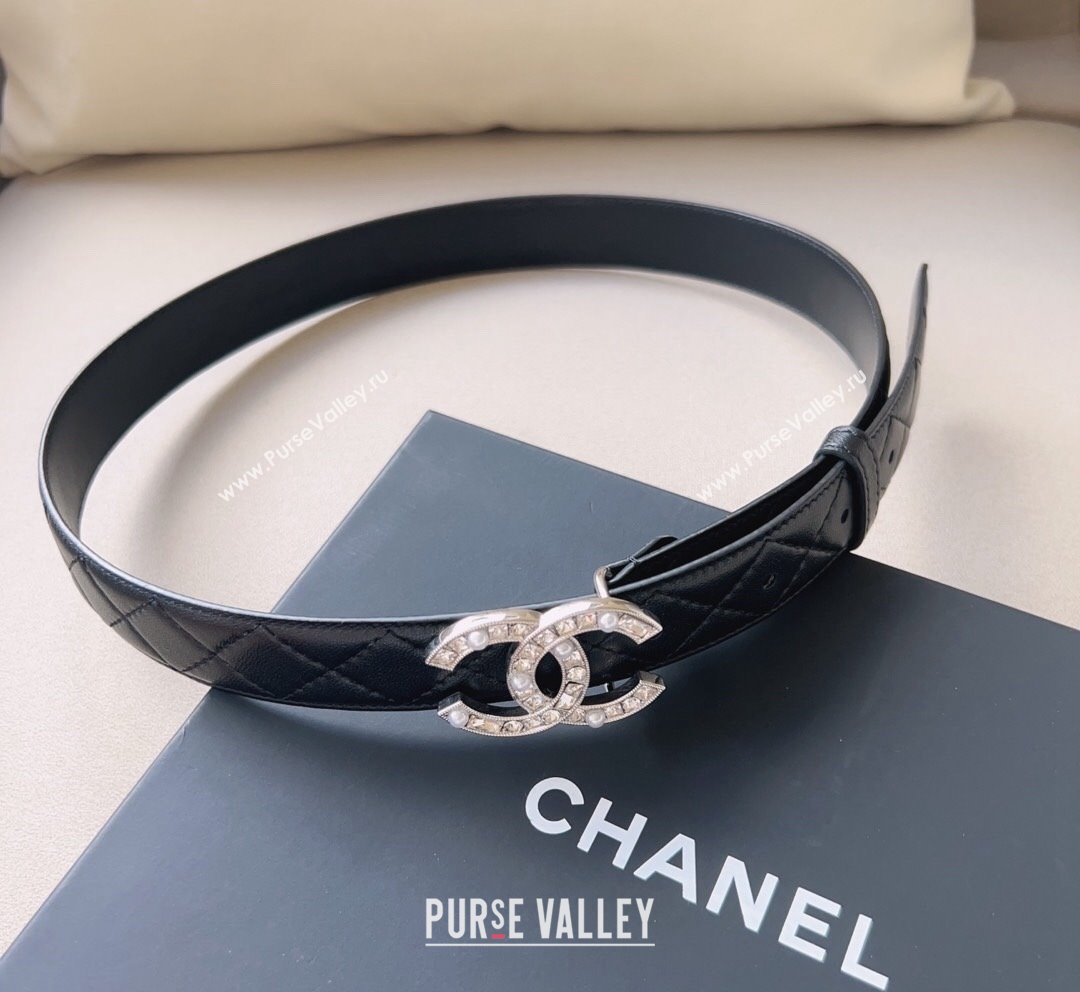 Chanel Quilted Leather Belt 3cm with CC Buckle,Crystals and Pearls Black 2023 (99-231018160)