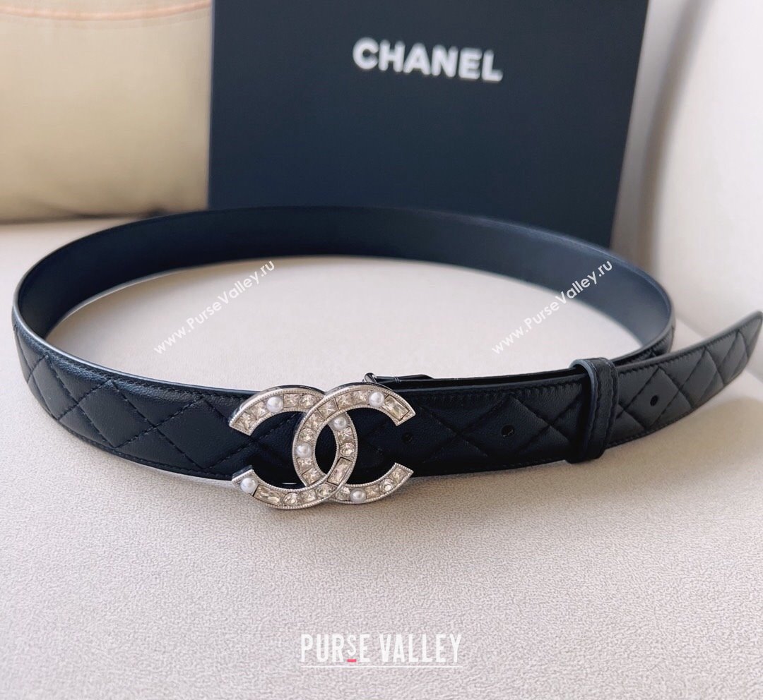 Chanel Quilted Leather Belt 3cm with CC Buckle,Crystals and Pearls Black 2023 (99-231018160)