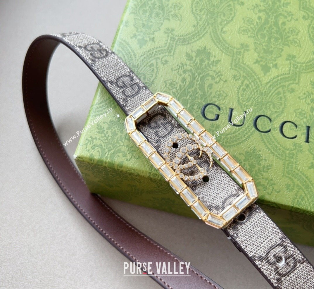 Gucci GG Canvas Belt 2cm with Crystal Framed Buckle Beige 2023 GG10181 (99-231018170)