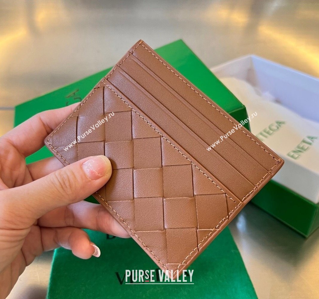 Bottega Veneta Intrecciato Leather Credit Card Case Wood Brown 2024 731956 (WT-240314055)