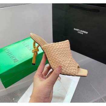 Bottega Veneta Knot Heel Slide Sandals 9cm in Intreccio Leather Nude 2024 (KER-240322011)
