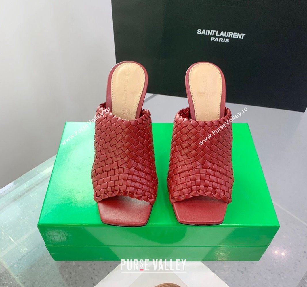 Bottega Veneta Knot Heel Slide Sandals 9cm in Intreccio Leather Red 2024 (KER-240322012)