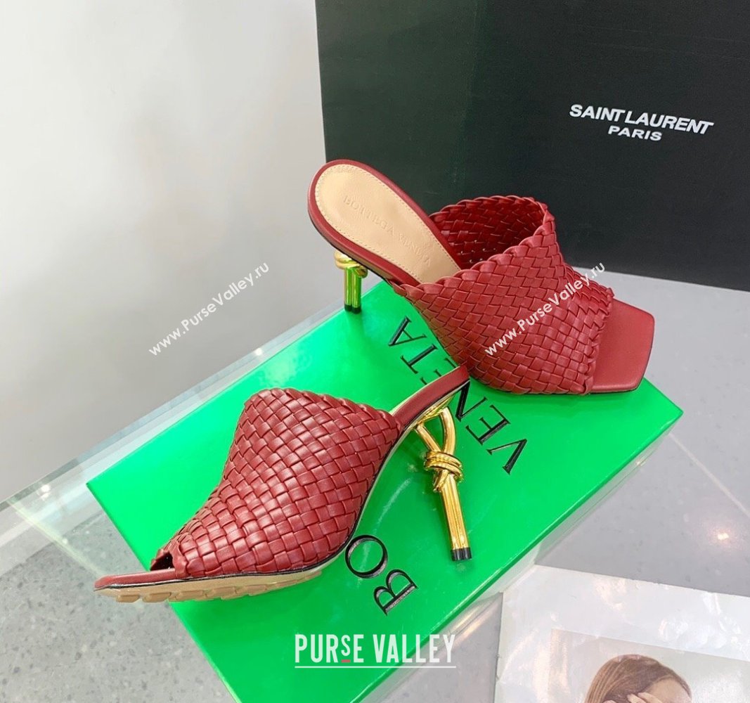 Bottega Veneta Knot Heel Slide Sandals 9cm in Intreccio Leather Red 2024 (KER-240322012)