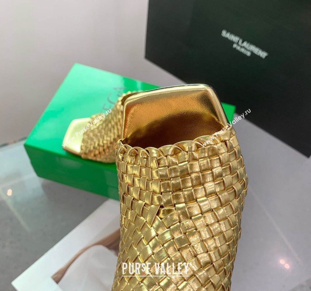 Bottega Veneta Knot Heel Slide Sandals 9cm in Intreccio Leather Gold 2024 (KER-240322014)