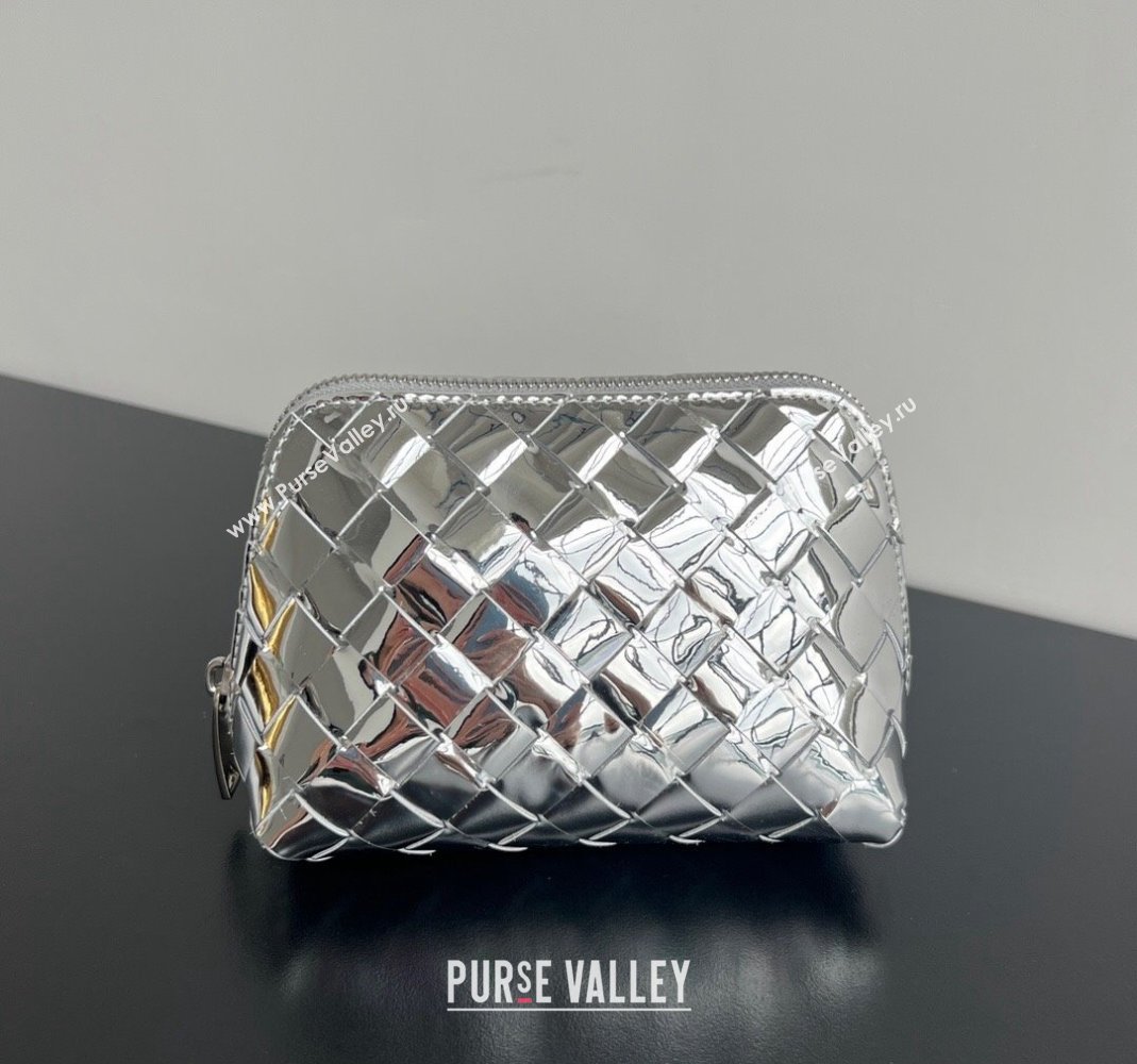 Bottega Veneta Intrecciato Leather Beauty Pouch Silver 2024 764044 (WT-240418097)