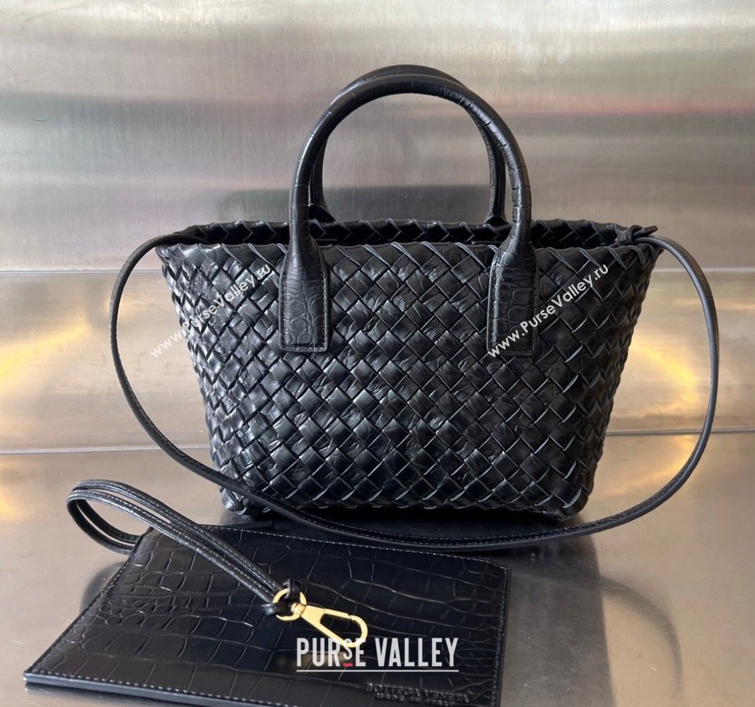 Bottega Veneta Mini Cabat Tote Bag in Intreccio Alligator Embossed Leather Black 2024 717712 (WT-240419014)