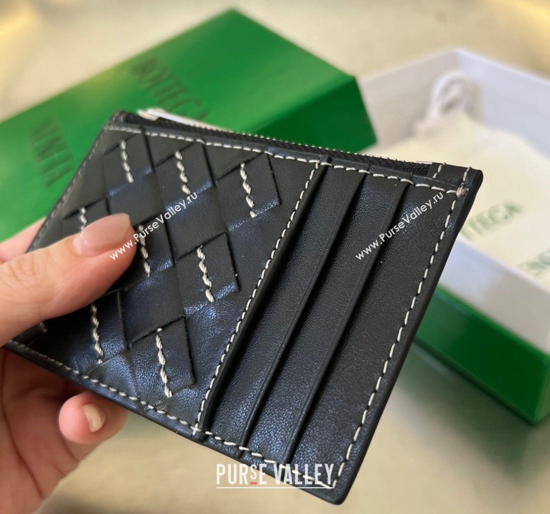 Bottega Veneta Intrecciato Leather Zipped Card Case with All-over Stitching Black 2024 755985 (WT-240418090)