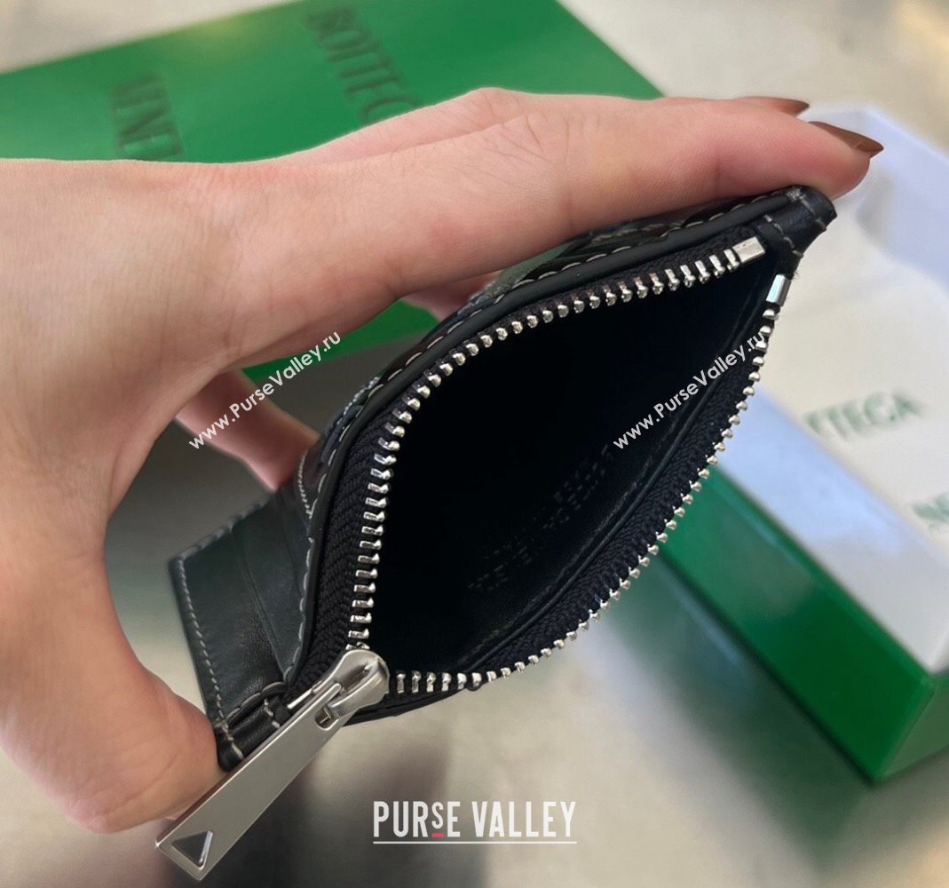 Bottega Veneta Intrecciato Leather Zipped Card Case with All-over Stitching Black 2024 755985 (WT-240418090)
