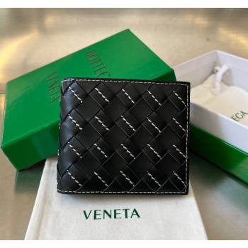 Bottega Veneta Intrecciato Leather Bi-Fold Wallet with All-over Stitching Black 2024 743211 (WT-240418091)