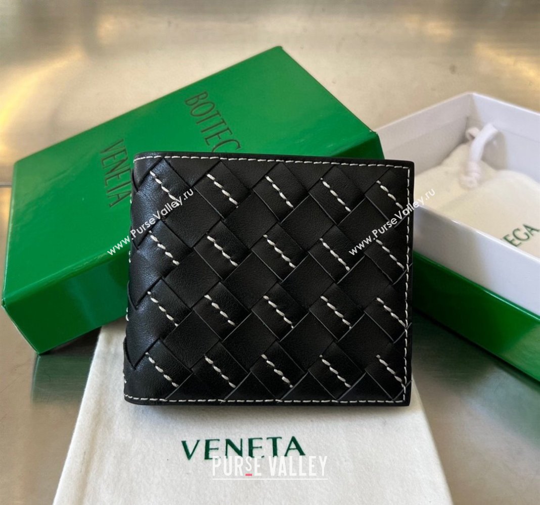 Bottega Veneta Intrecciato Leather Bi-Fold Wallet with All-over Stitching Black 2024 743211 (WT-240418091)