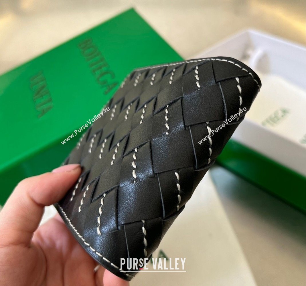 Bottega Veneta Intrecciato Leather Bi-Fold Wallet with All-over Stitching Black 2024 743211 (WT-240418091)