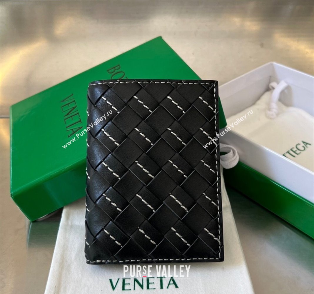Bottega Veneta Intrecciato Leather Flap Wallet with All-over Stitching Black 2024 742143 (WT-240418092)