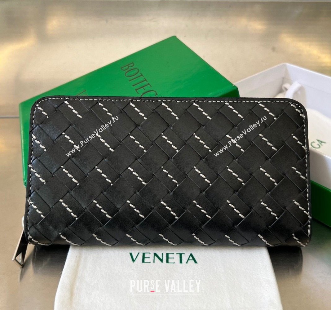 Bottega Veneta Intrecciato Leather Zipped Around Wallet with All-over Stitching Black 2024 749427 (WT-240418093)