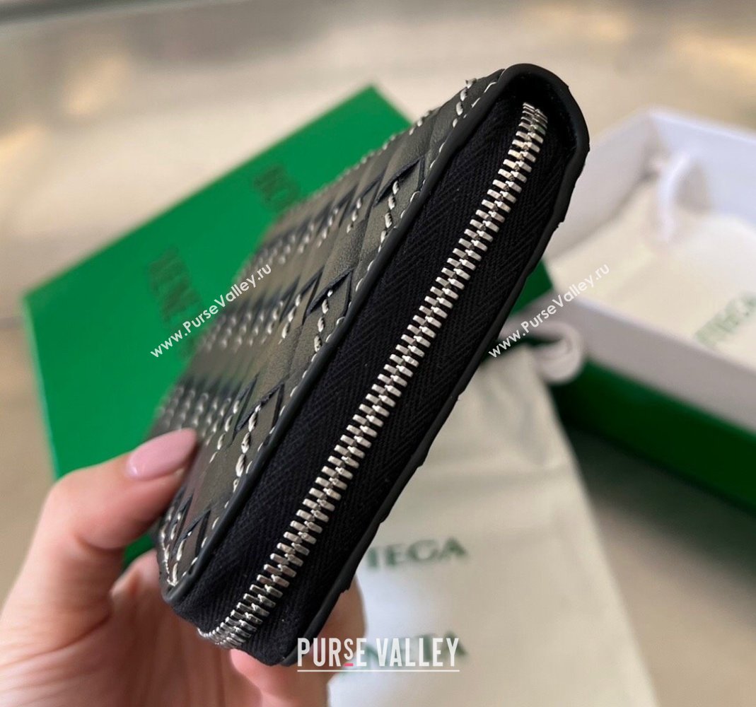Bottega Veneta Intrecciato Leather Zipped Around Wallet with All-over Stitching Black 2024 749427 (WT-240418093)